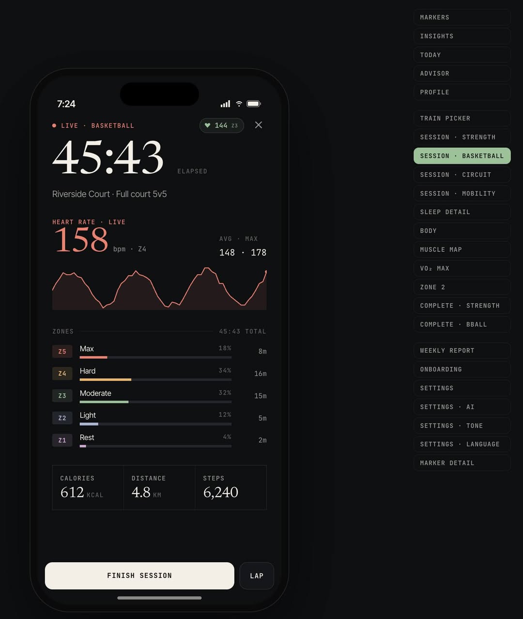 A personal training app, live session view, heart rate zones