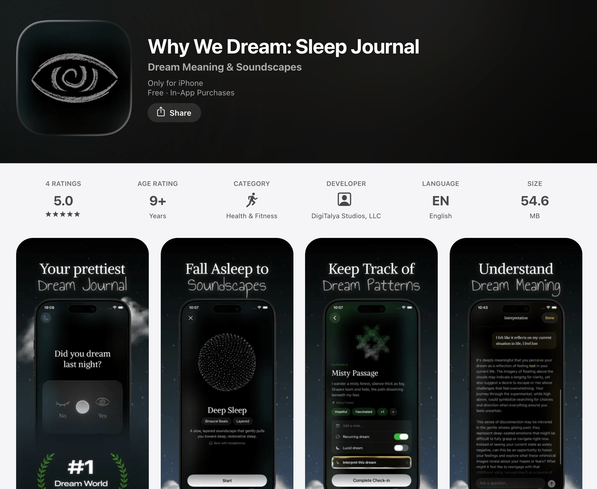 Why We Dream: Sleep Journal — Mac App Store listing by DigiTalya Studios, LLC