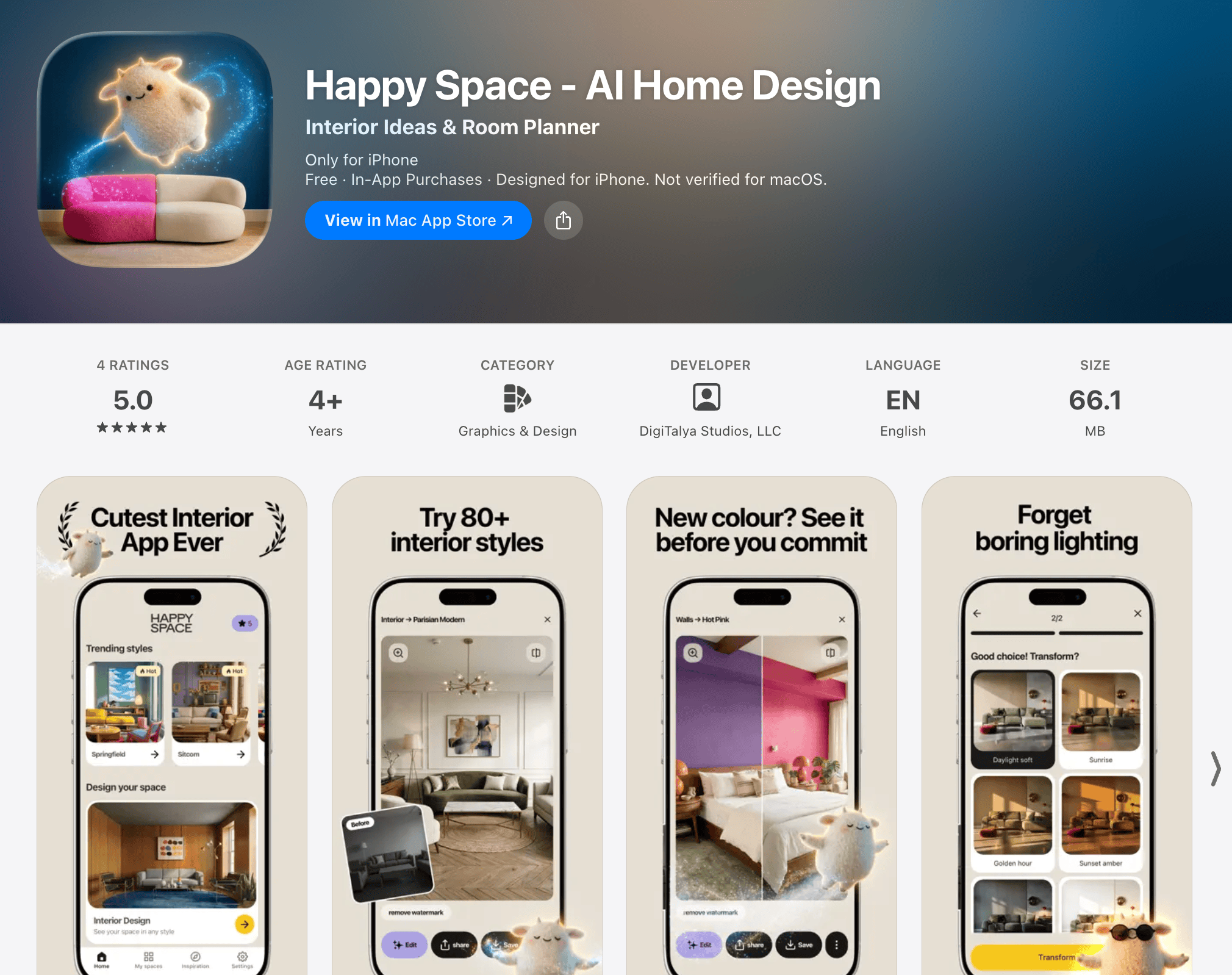 Happy Space - AI Home Design — Mac App Store listing by DigiTalya Studios, LLC
