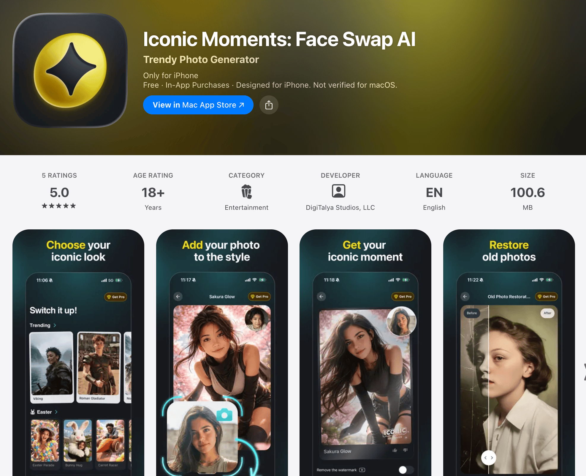 Iconic Moments: Face Swap AI — Mac App Store listing by DigiTalya Studios, LLC