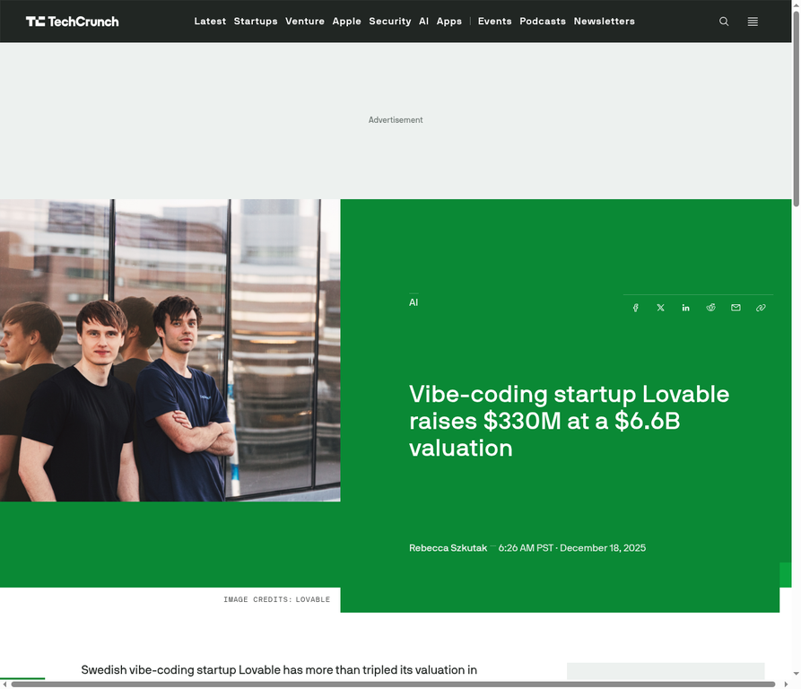 TechCrunch: Lovable raises $330M at $6.6B valuation
