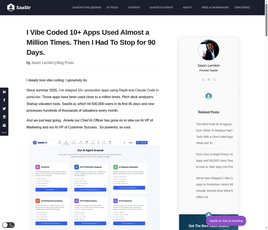 SaaStr: Jason Lemkin's 10 vibe-coded apps, used a million times