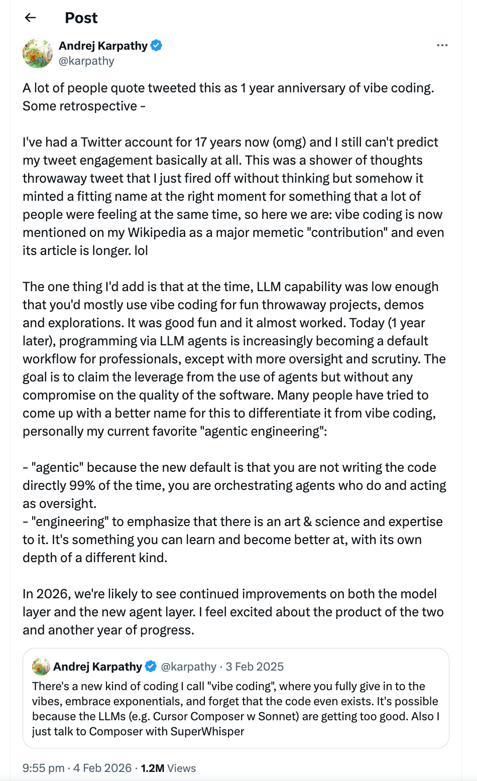 Andrej Karpathy's 1-year retrospective on vibe coding, Feb 4 2026